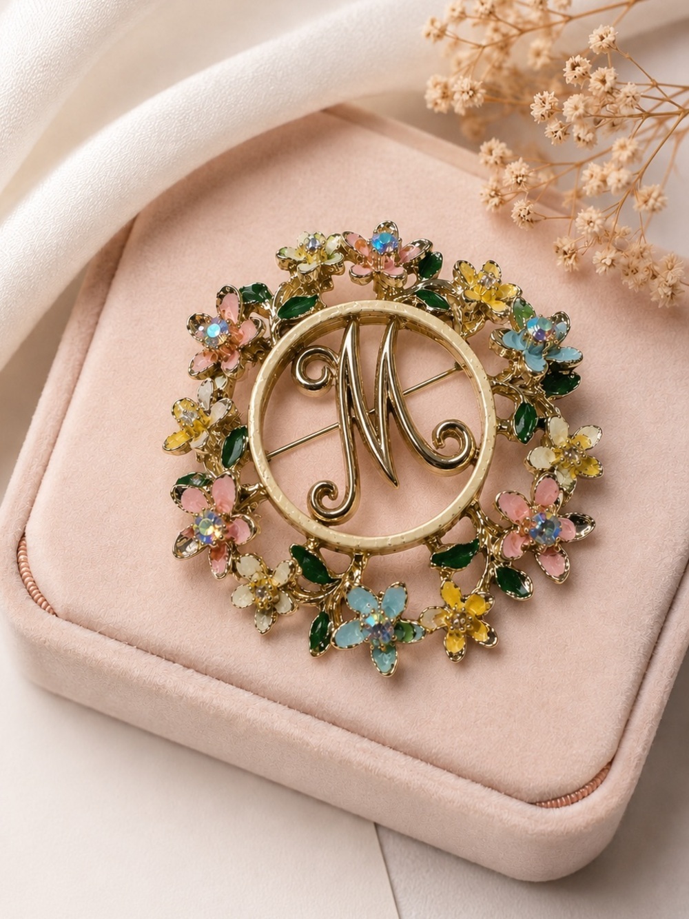 Vintage Floral Monogram “M” Brooch Gold Tone Pastel Rhinestone Wreath Pin